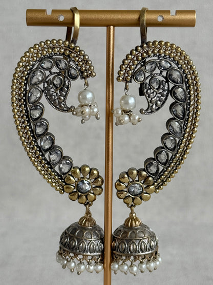 Ayura Designs Koyal Jhumkis – Oxidised Dual Tone Ear Climber Jhumkis with Kundan Stones & Pearl Detailing
