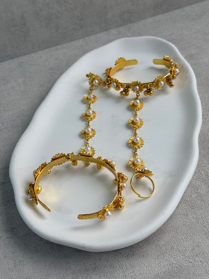 Ayura Designs Avanti Haathphool Set of 2 – Gold Finish Floral Hand Harness with Ivory Pearls & Ghungroo Detailing
