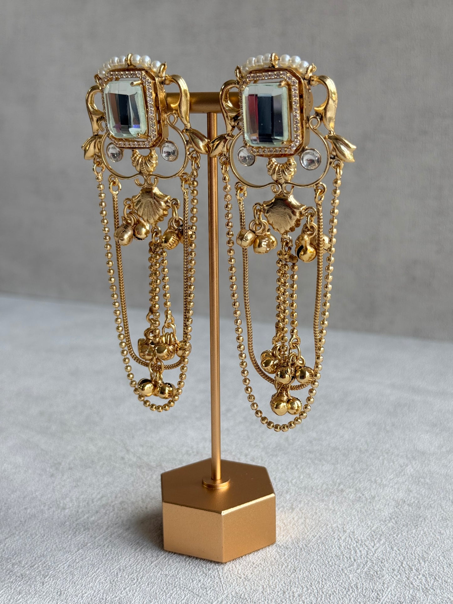 Ayura Designs Jaid Earrings – Crystal Floral Motif with Layered Chains & Ghungroos