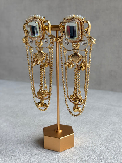 Ayura Designs Jaid Earrings – Crystal Floral Motif with Layered Chains & Ghungroos