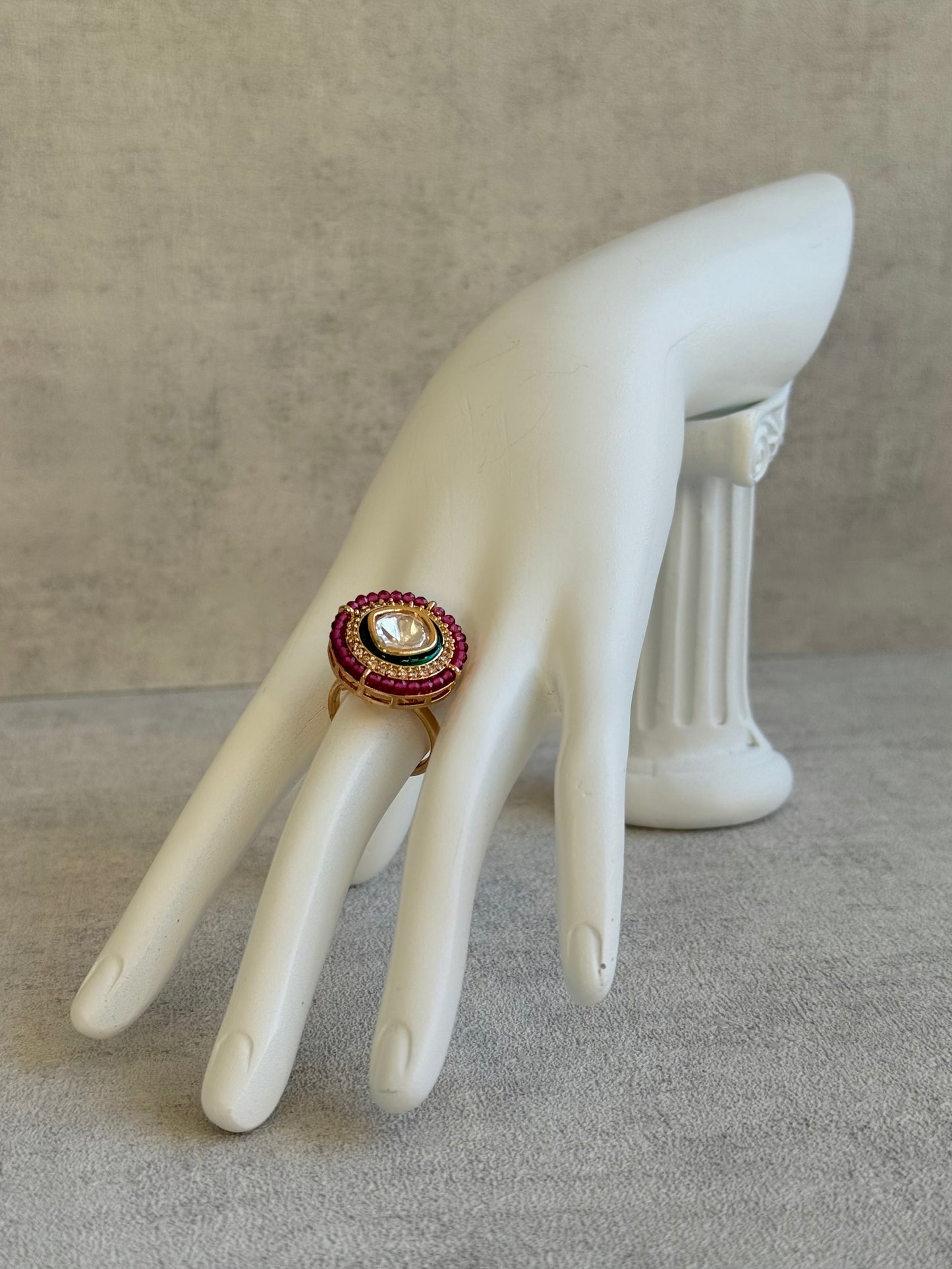 Ayura Designs Roselle Adjustable Ring – Moissanite Centre with Crystal Border & Rani Pink Beads