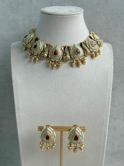 Ayura Designs Aaira Set with Necklace & Studs – Mint Green Meenakari with Rani Pink Centre & Pearl Detailing