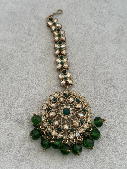 Ayura Designs Hookum Antique Gold Tikka Set – Elegant Earrings & Tikka with Olive Green Bead Accents