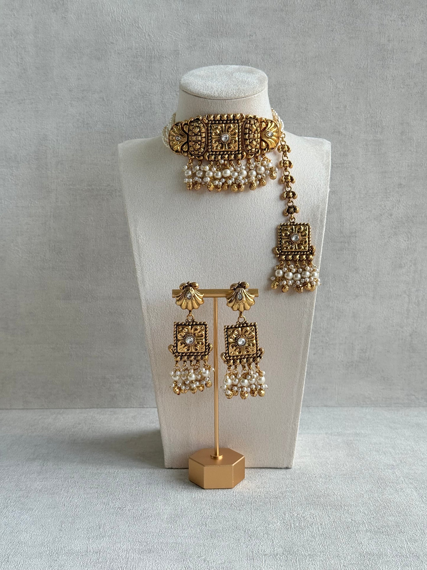 Ayura Designs Nabila Choker Set with Earrings & Tikka – Antique Gold Finish, Sea Shell Detailing, Pearls & Ghungroos