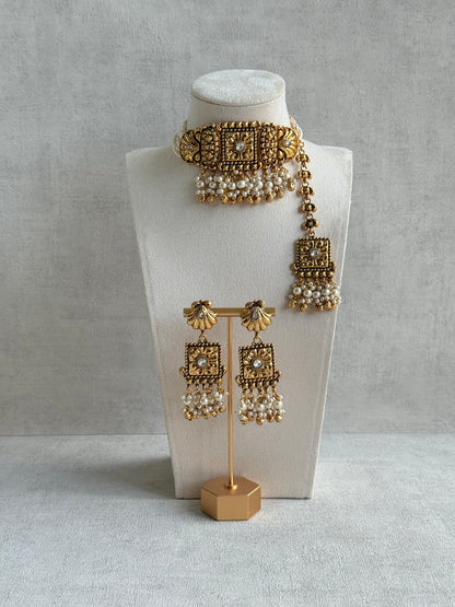 Ayura Designs Nabila Choker Set with Earrings & Tikka – Antique Gold Finish, Sea Shell Detailing, Pearls & Ghungroos