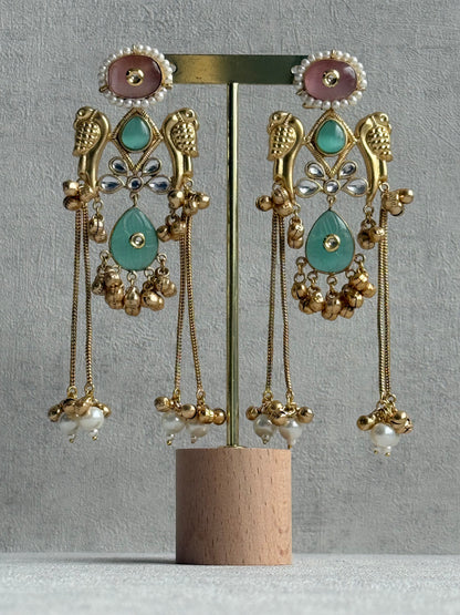 Ayura Designs Mehrun Earrings – Kashmiri Earrings with Mint Green Stones, Blush Pink Detailing & Pearl Drop Chains