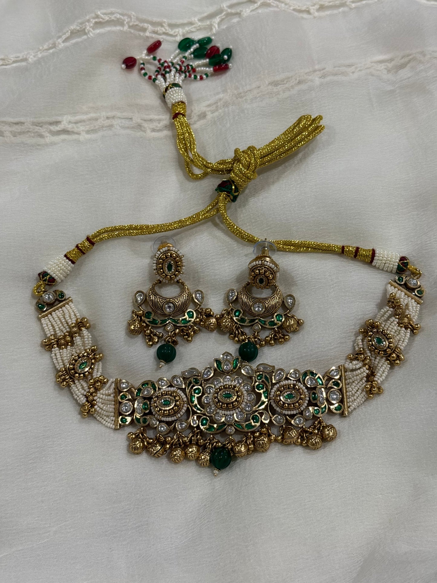 Ayura Designs Sufna Choker Set with Earrings – Emerald Green Stones, Pearl Strands & Kundan Detailing