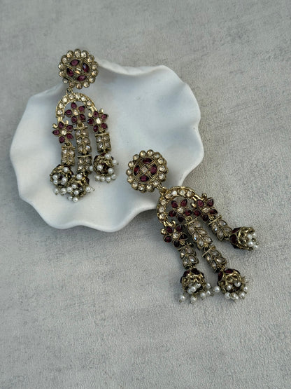 Ayura Designs Soraya Earrings – Deep Berry Stones, Champagne Crystals, Pearl Detailing & Gold Finish