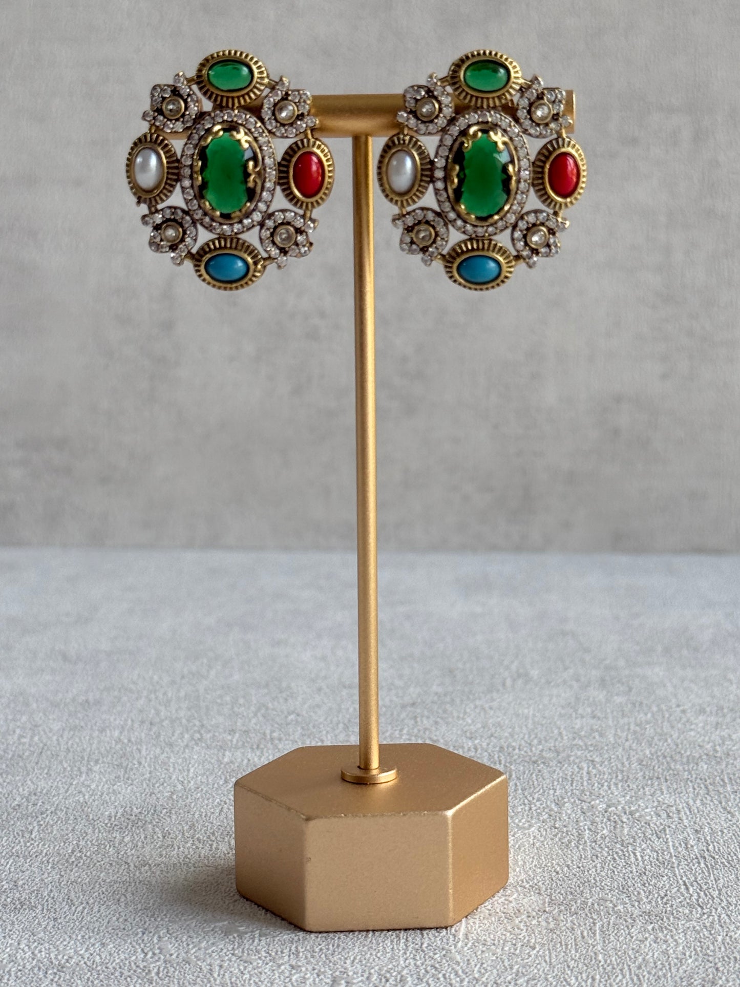 Ayura Designs Celia Stud Earrings – Emerald Green & Multicolour Stones with Gold Finish