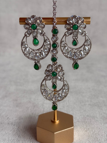 Ayura Designs Qirat Set with Necklace, Earrings & Tikka – Mirror-Cut Stones with Emerald Green Detailing in Silver Finish
