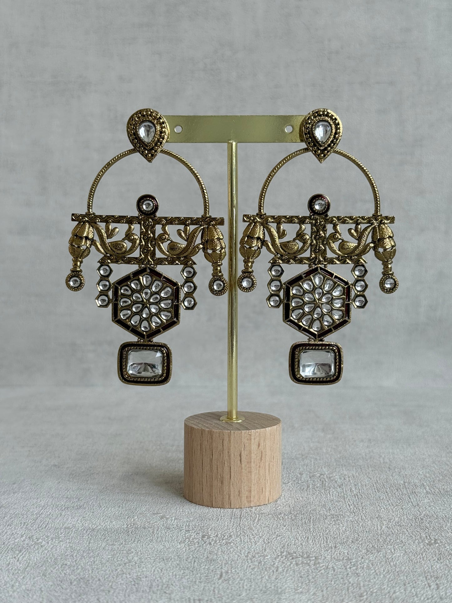Ayura Designs Irene Earrings – Maroon Kundan, Meenakari & Crystal Peacock Chandeliers in Gold