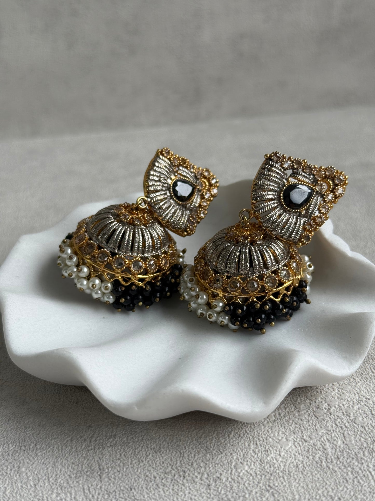 Ayura Designs Nasha Jhumkis – Silver & Gold Dual-Tone Earrings with Black & Pearl Beads
