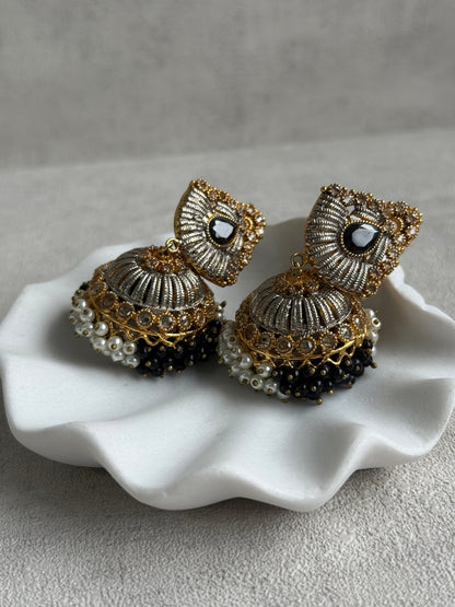 Ayura Designs Nasha Jhumkis – Silver & Gold Dual-Tone Earrings with Black & Pearl Beads