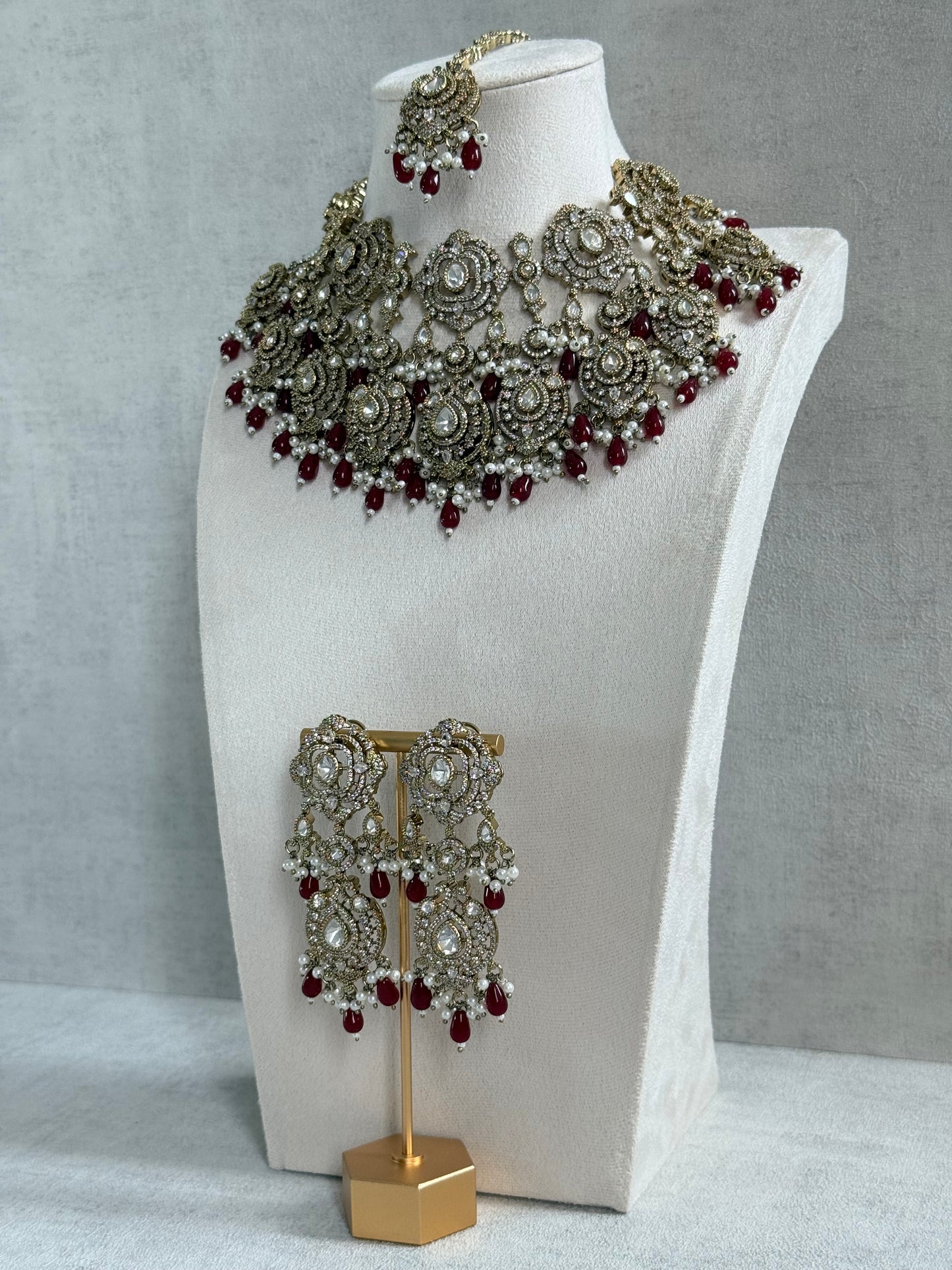 Ayura Designs Fazal Set with Necklace, Earrings & Tikka – Ruby Red Drops, Pearl Detailing & Moissanite Stonework
