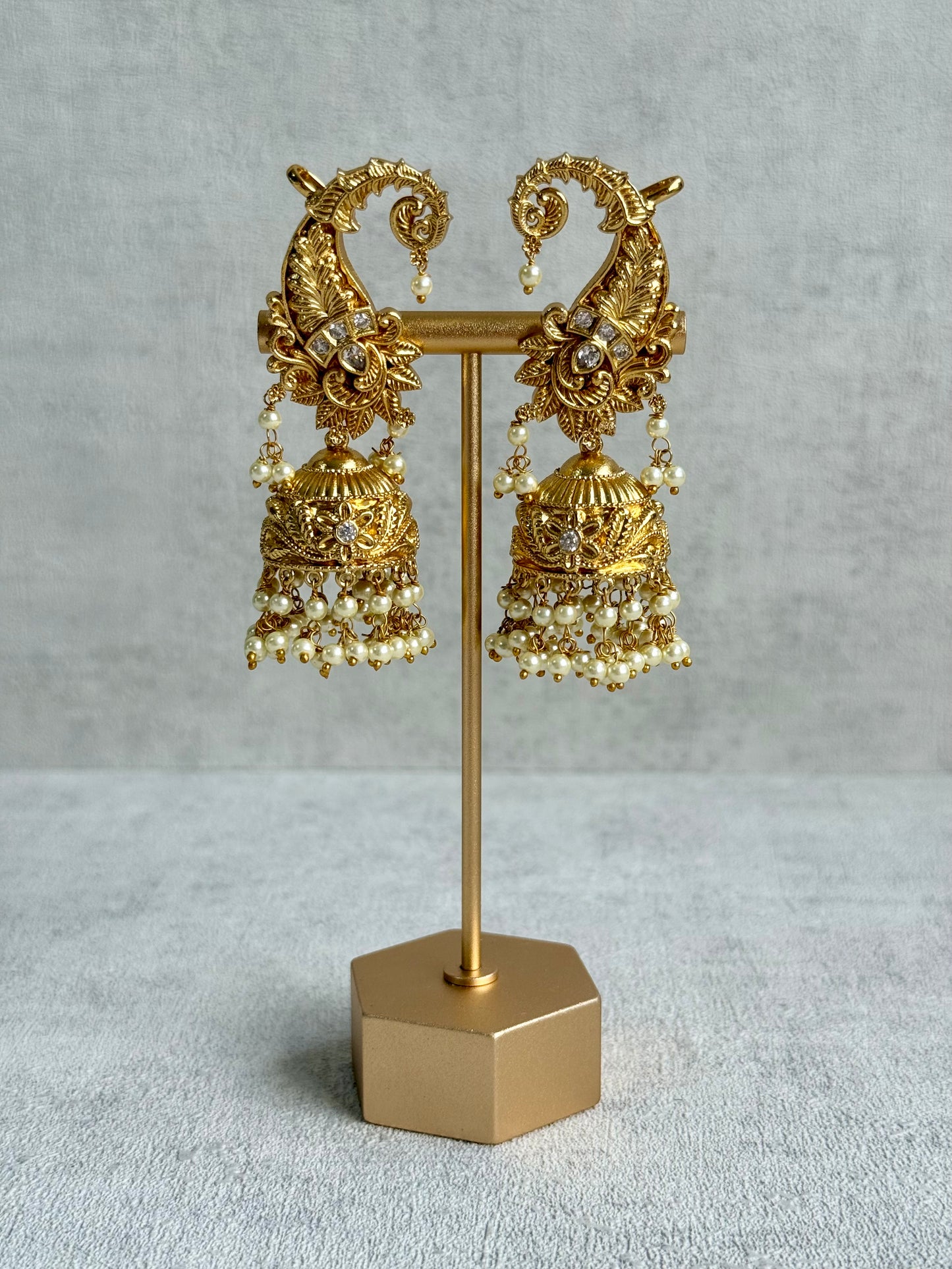Ayura Designs Anika Jhumkis – Gold Half Ear Cuffs with Floral Motif, Kundan Crystals & Pearl Jhumka Drops