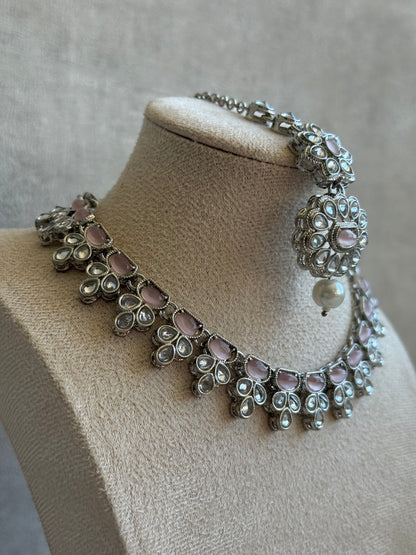 Ayura Designs Sumbul Set with Necklace, Earrings & Tikka – Mint & Blush Stones, Mirror-Cut Accents & Pearl Drops