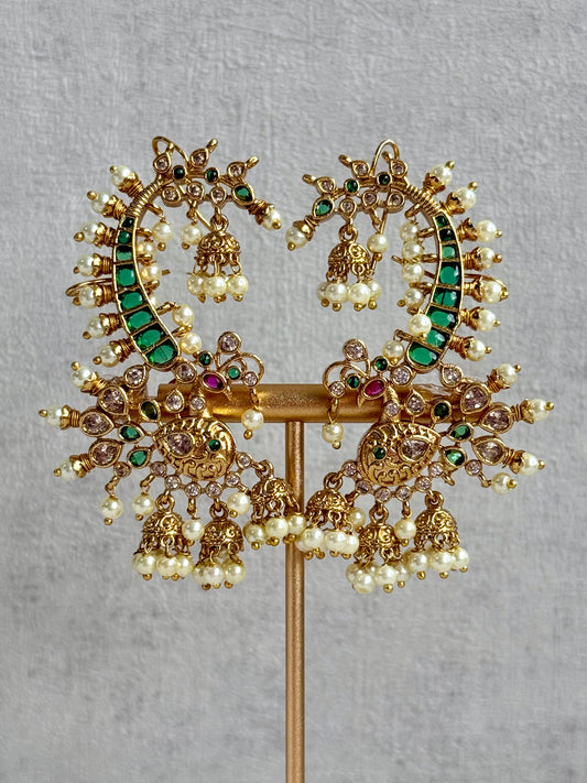 Ayura Designs Megha Half Ear Cuffs – Gold Peacock Motif with Crystal Stones, Emerald & Pink Accents and Pearl Jhumka Drops