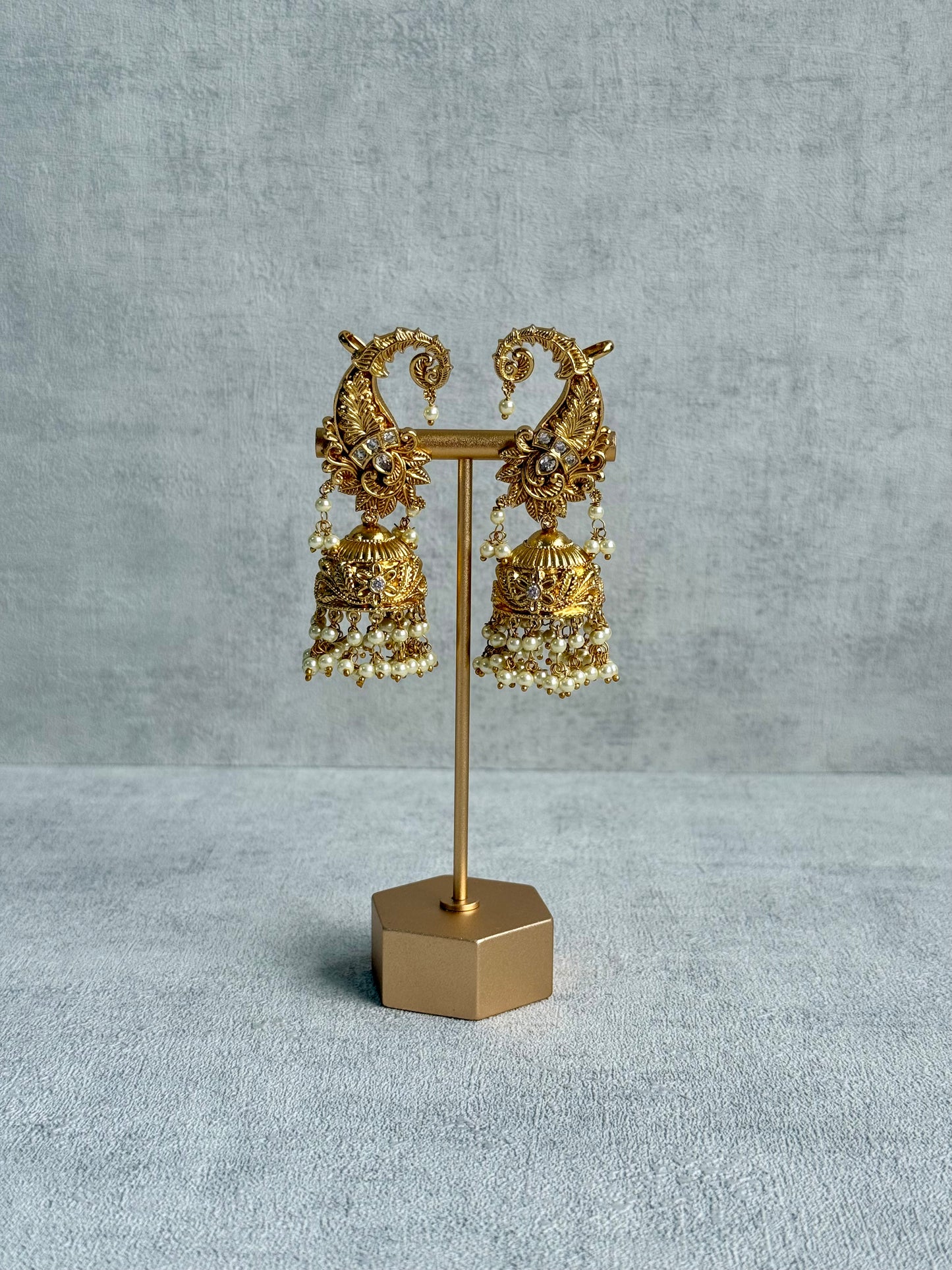 Ayura Designs Anika Jhumkis – Gold Half Ear Cuffs with Floral Motif, Kundan Crystals & Pearl Jhumka Drops