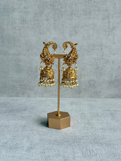 Ayura Designs Anika Jhumkis – Gold Half Ear Cuffs with Floral Motif, Kundan Crystals & Pearl Jhumka Drops