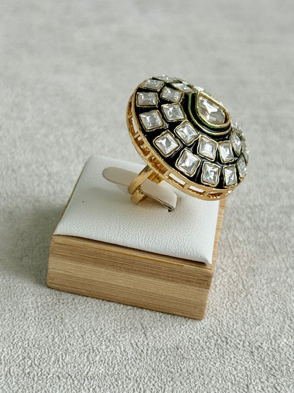 Ayura Designs Zaib Adjustable Ring – Mirror-Cut Stone with Green Enamel & Crystal Detailing