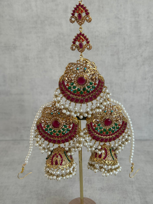 Ayura Designs Zarnigar Tikka Set with Sahare Jhumkis – Multicolour Stones with Pearl Detailing in Antique Gold Finish