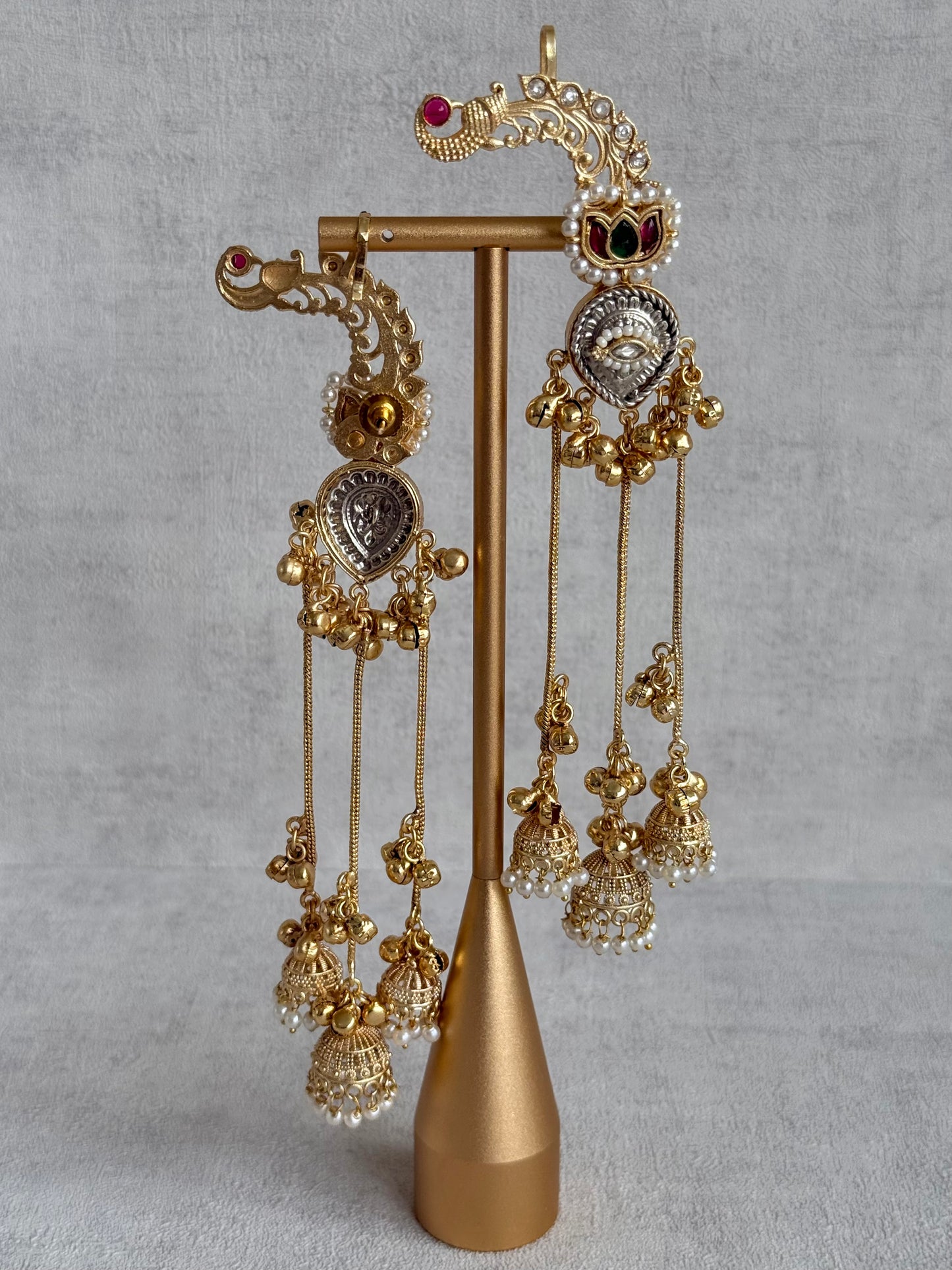 Ayura Designs Kaifiya Earrings – Peacock-Inspired Half Ear Cuff Jhumkis with Ruby Pink & Emerald Stones