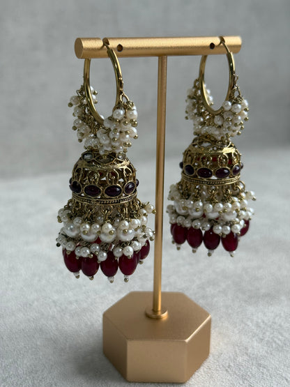 Ayura Designs Jugni Jhumkis – Antique Gold Balis with Maroon Beads & Pearl Clusters