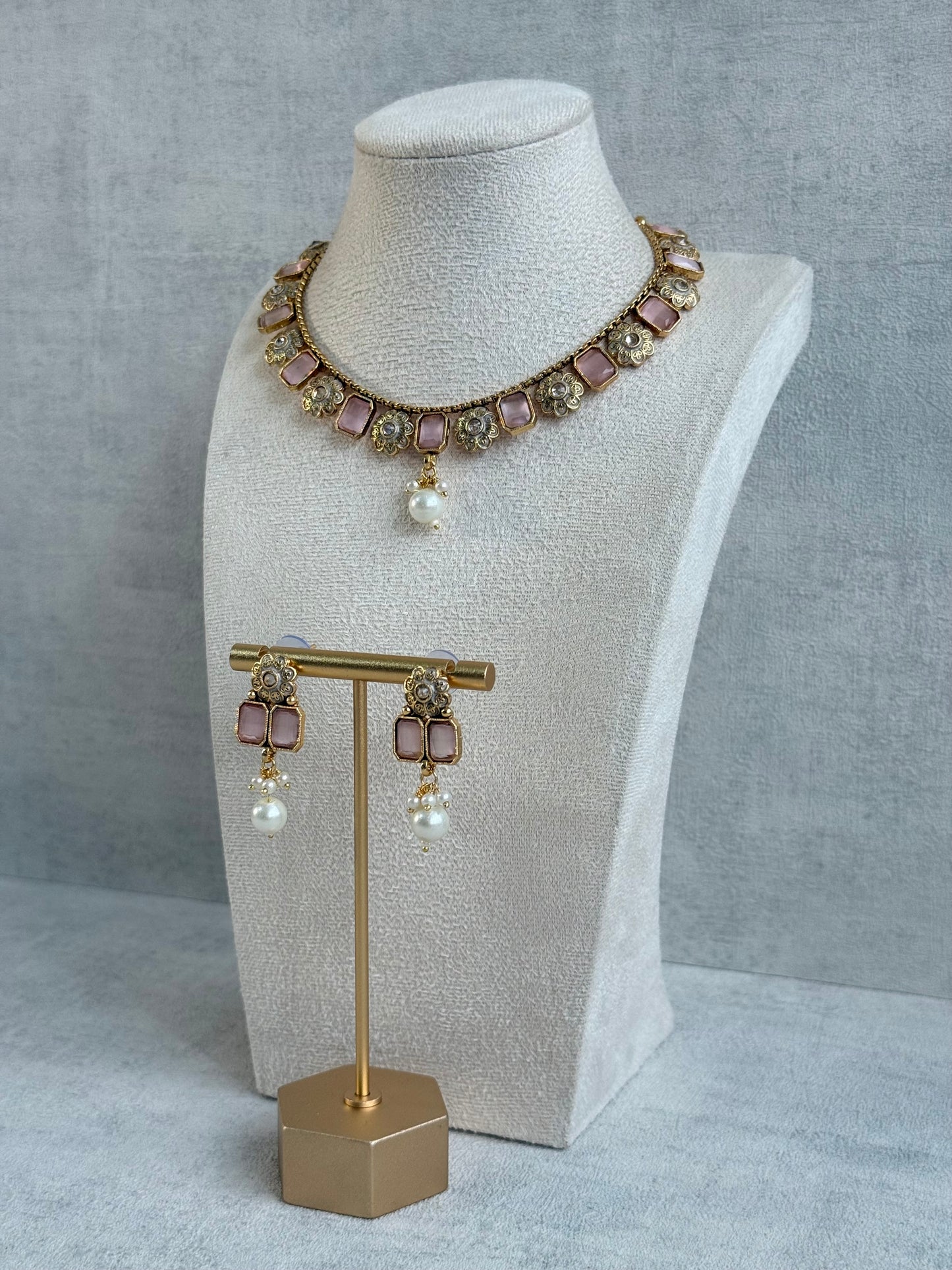 Ayura Designs Padma Necklace Set with Earrings – Blush Pink Stones with Pearl Drop Detailing