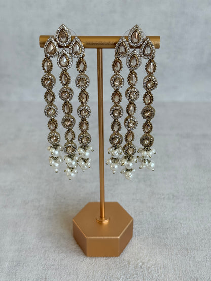 Ayura Designs Emilia Earrings – Gold Triple Strand Statement Earrings with Champagne Stones & Pearl Drops