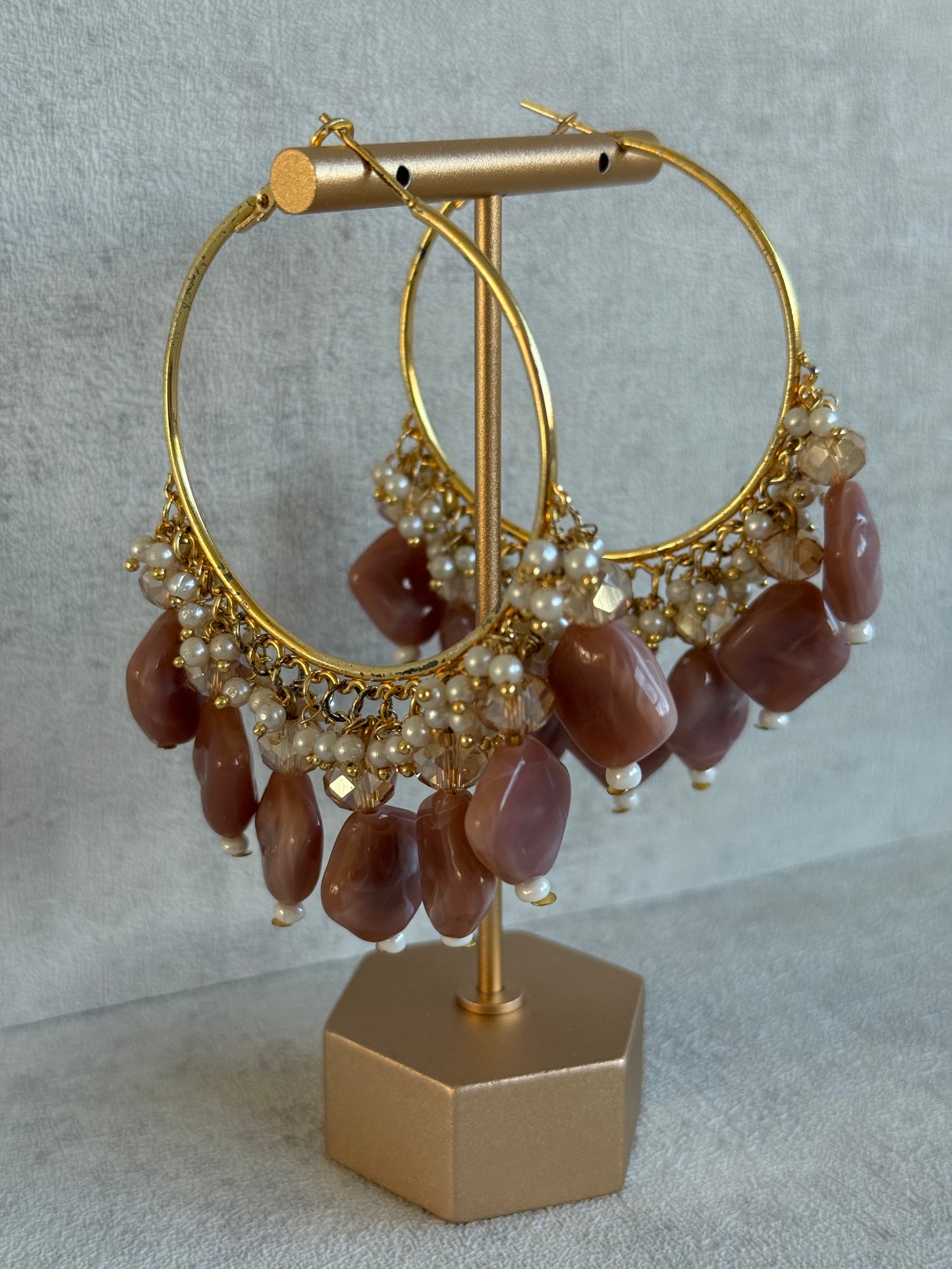 Ayura Designs Heer Balis – Gold Hoops with Dusty Rose Marble Beads, Pearls & Crystal Detailing
