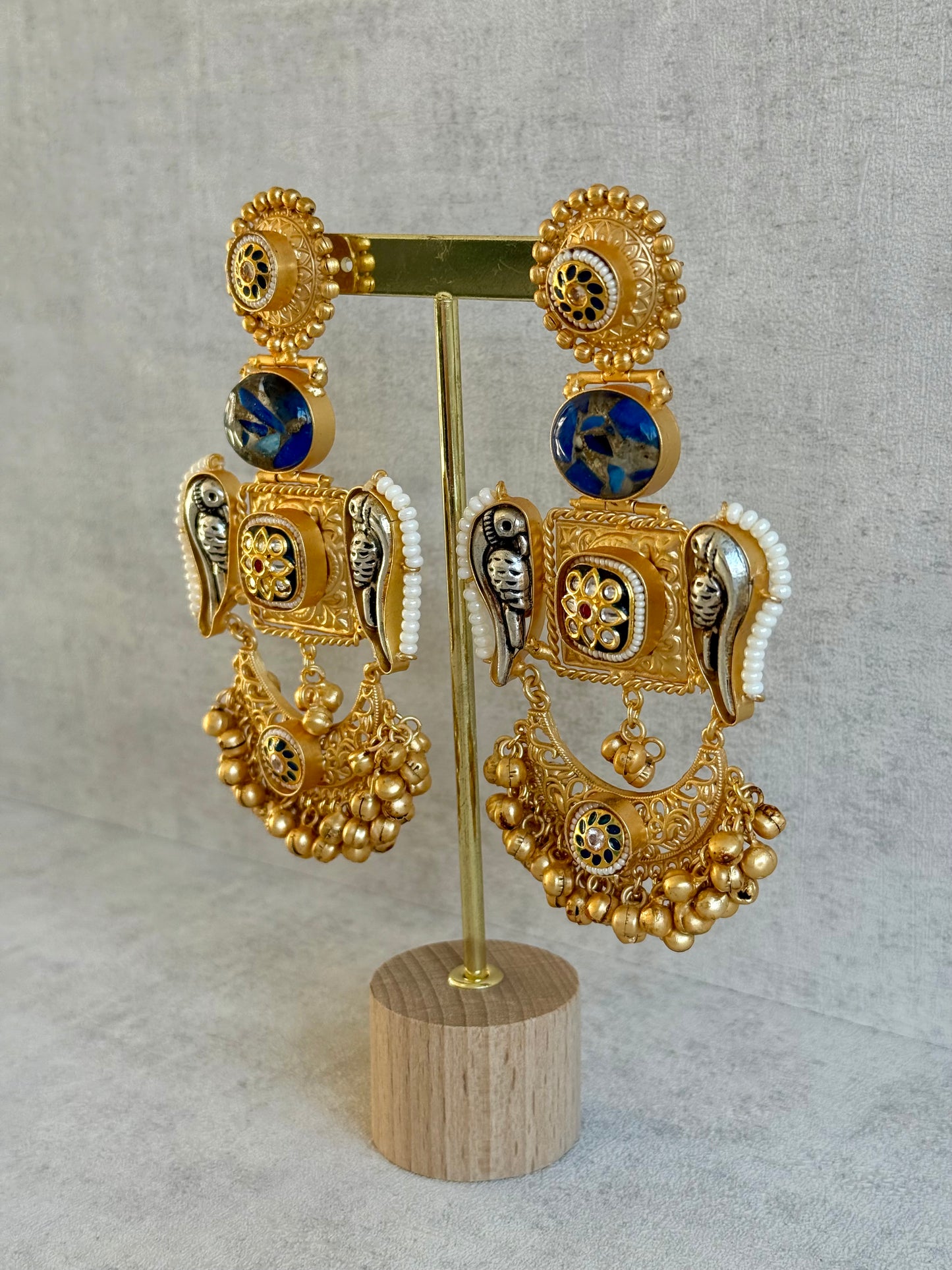 Ayura Designs Soha Earrings – Antique Gold with Midnight Blue Stone & Oxidised Parrots