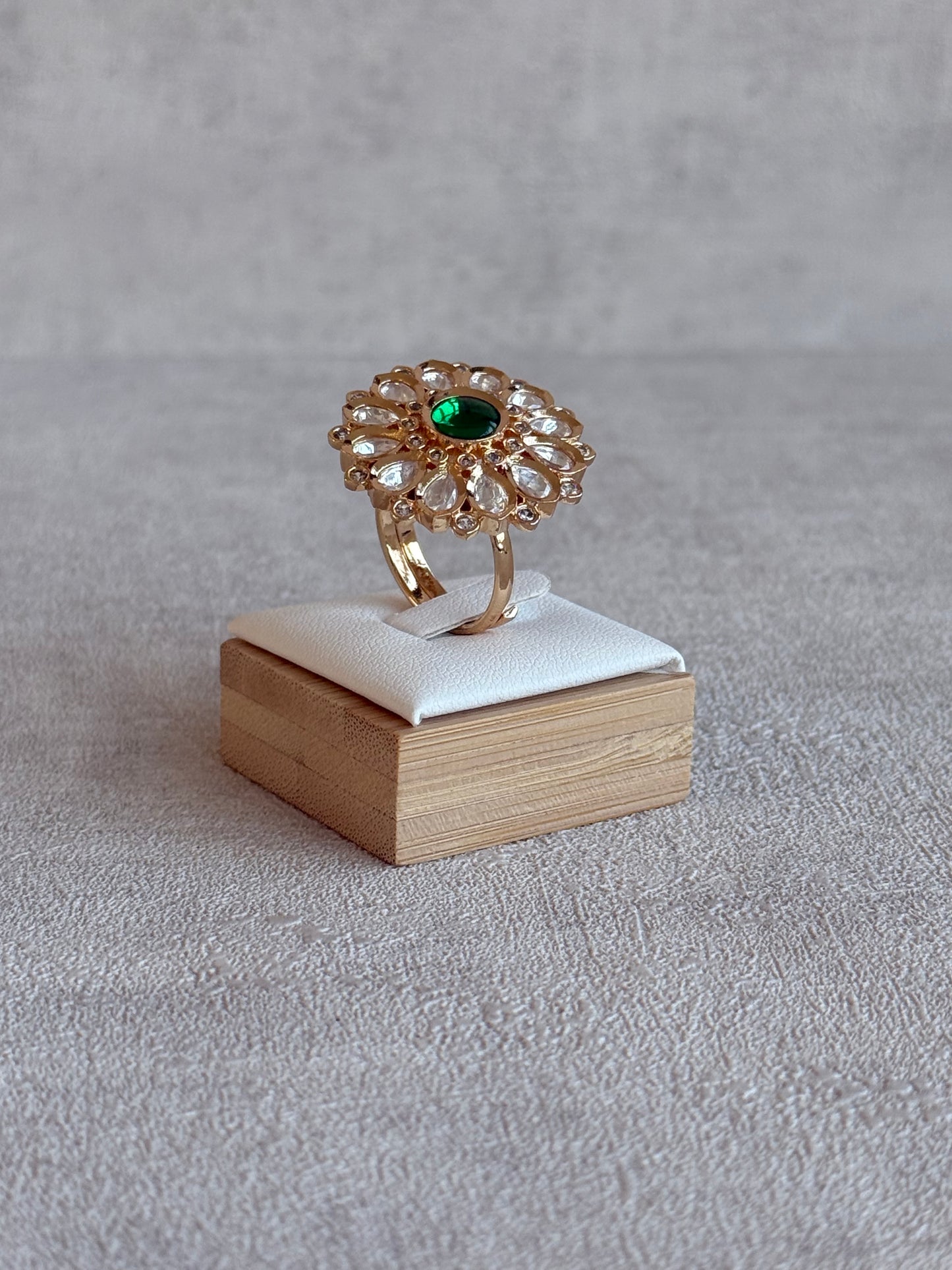 Ayura Designs Luisa Adjustable Ring – Emerald Green Centre Stone with Crystal Petal Detailing