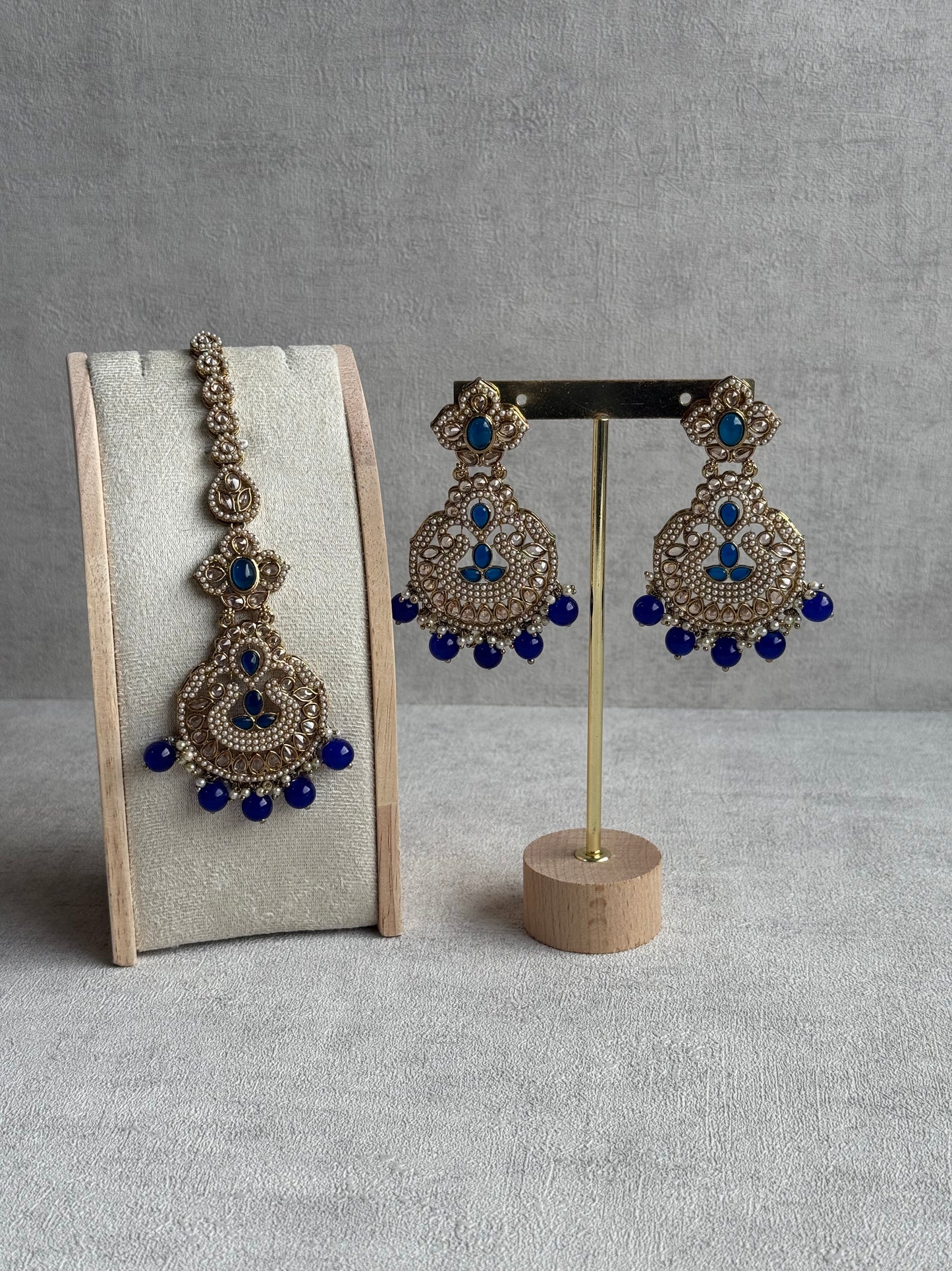 Ayura Designs Zarlish Set – Choker, Earrings & Tikka with Mirror-Cut Stones, Ink Blue Beads & Gold Finish