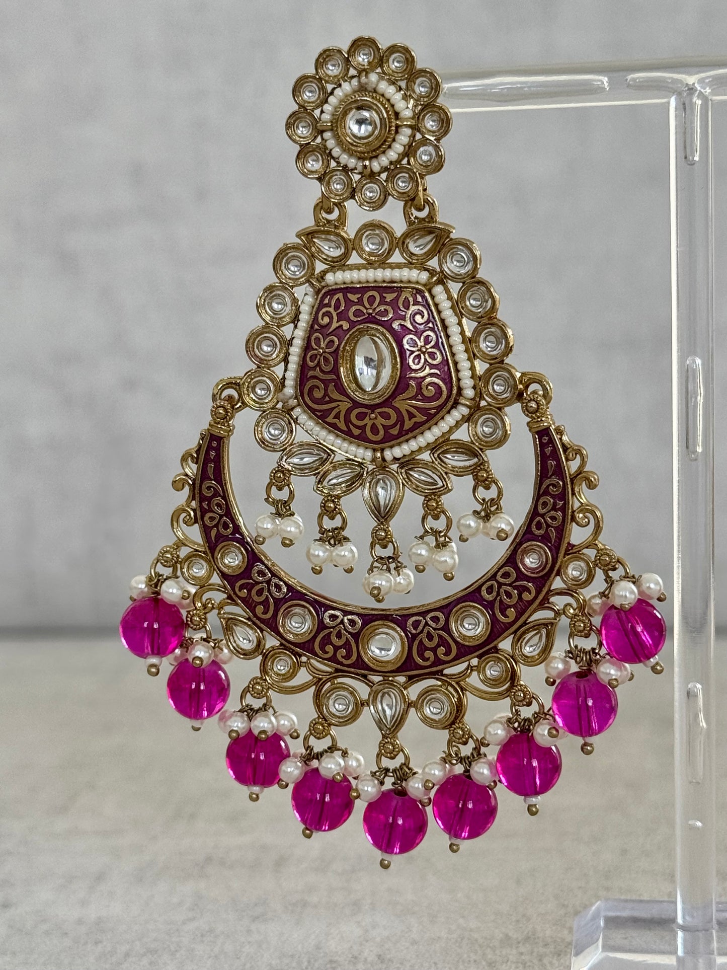 Ayura Designs Safa Antique Gold-Plated Chandbali Earrings with Pearl and Pink Bead Accents