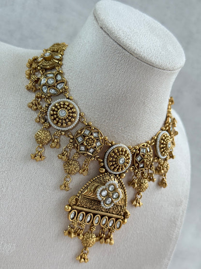 Ayura Designs Kriti Necklace Set with Earrings – Antique Gold Kundan Design with Ivory Pearls & Ghungroo Detailing