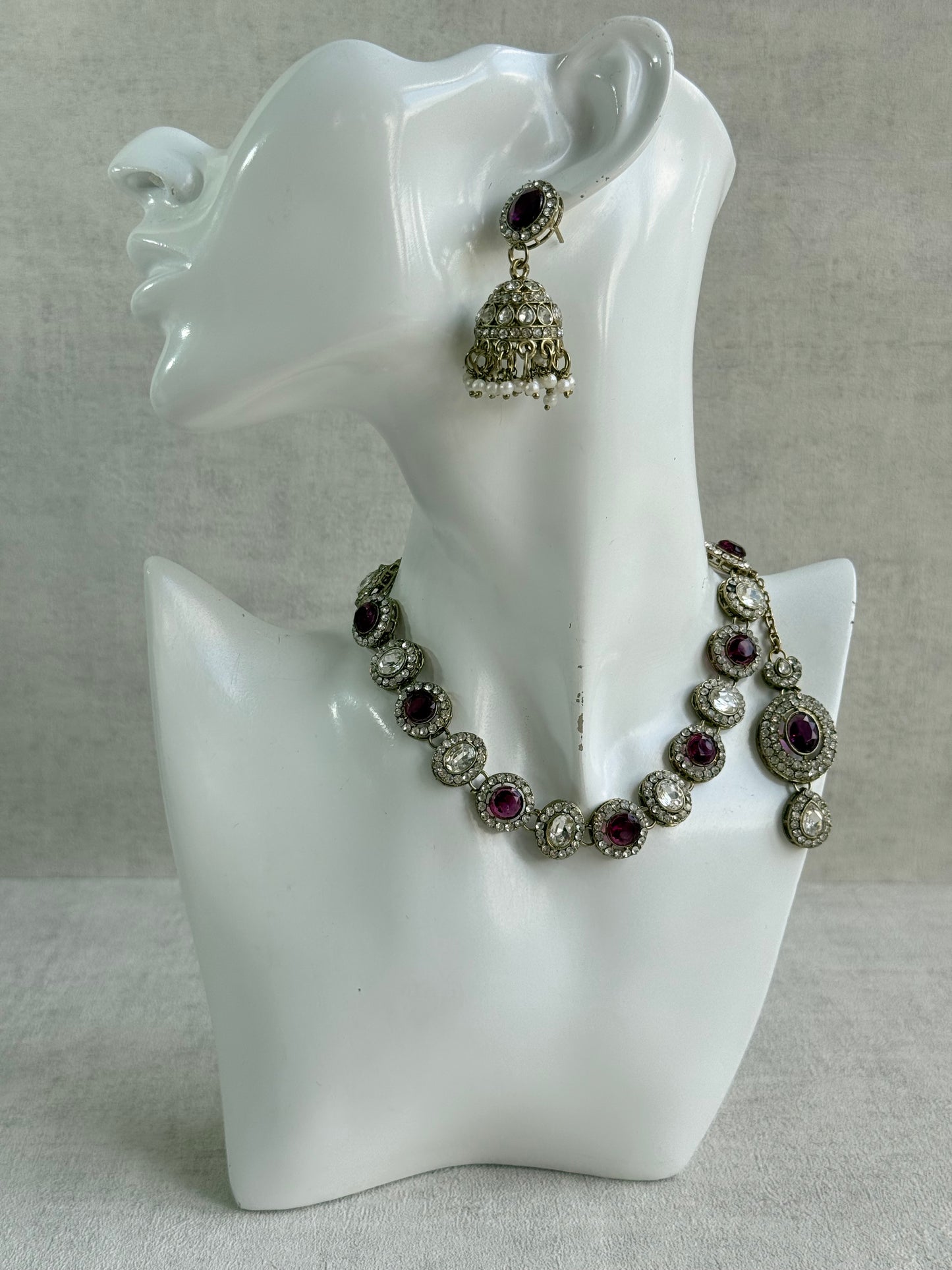 Ayura Designs Eira Necklace Set with Earrings & Tikka – Plum & Crystal Stones with Antique Gold Finish