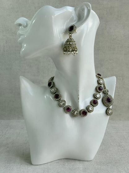 Ayura Designs Eira Necklace Set with Earrings & Tikka – Plum & Crystal Stones with Antique Gold Finish
