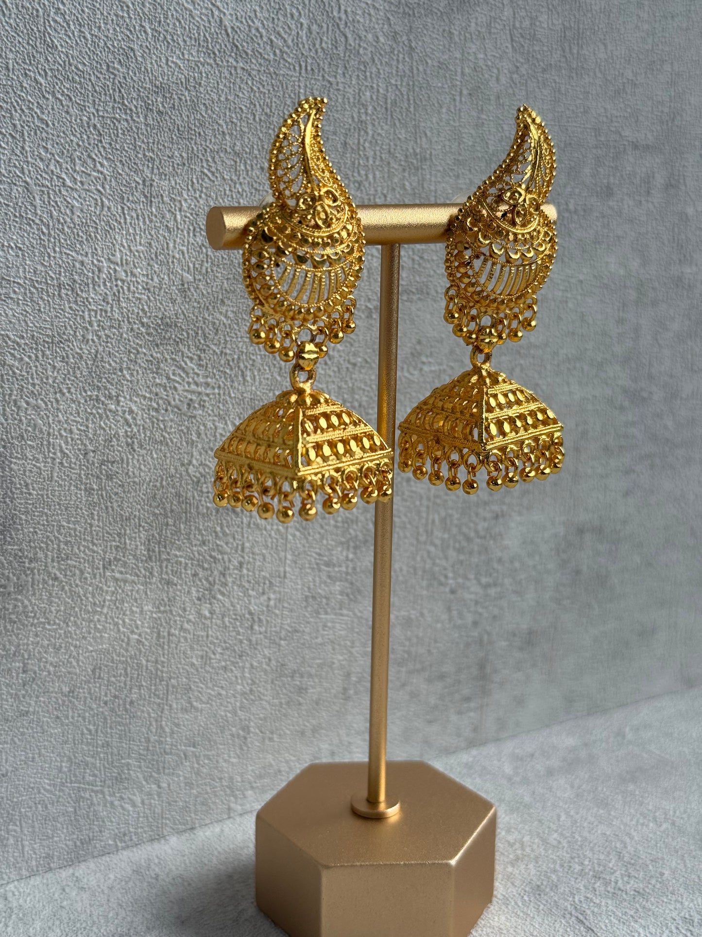 Ayura Designs Sonal Jhumkis – Antique Gold Filigree Earrings with Dome Detailing & Mini Ghungroos
