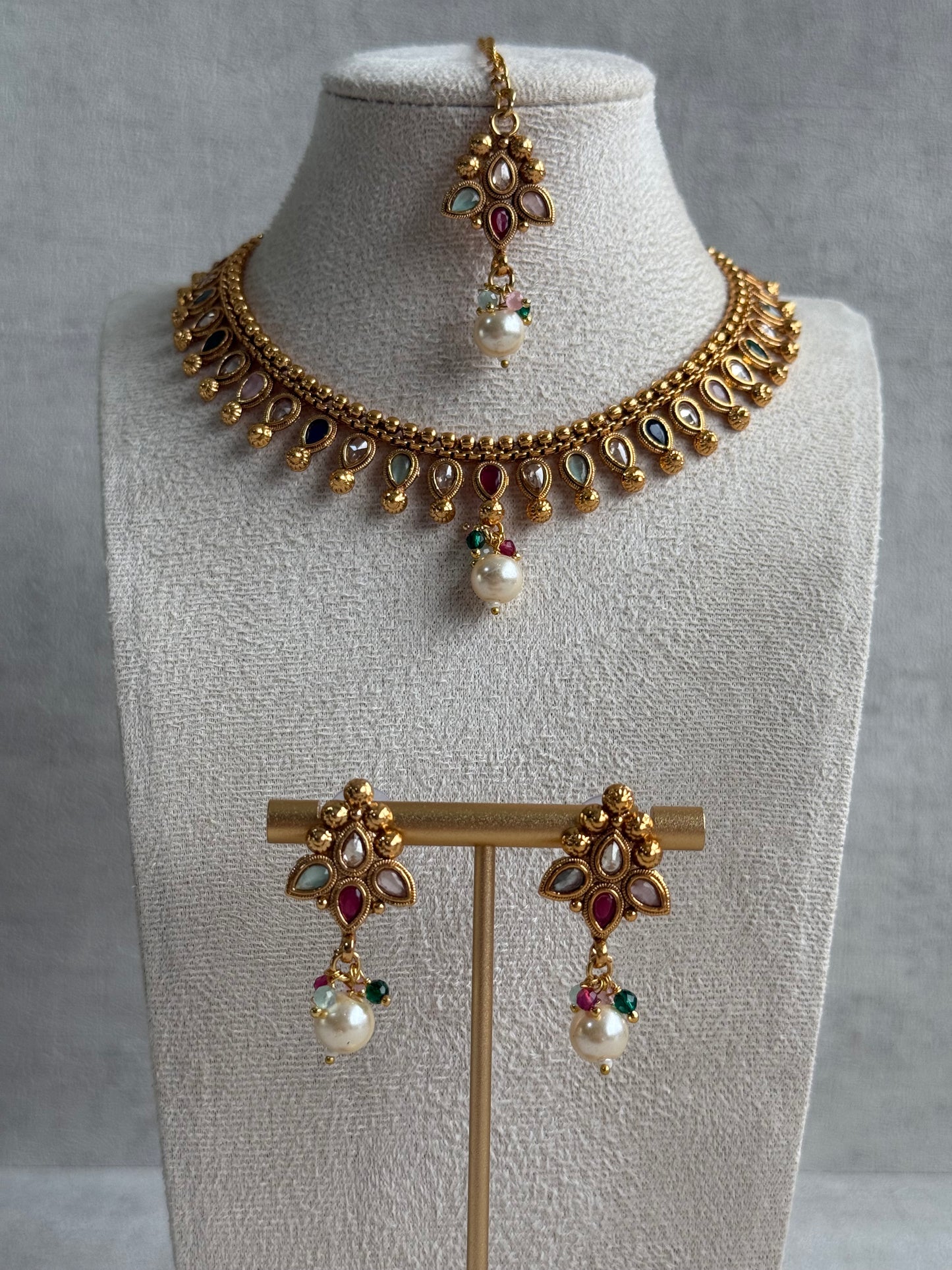 Ayura Designs Oorvi Set – Necklace, Earrings & Tikka with Mirror-Cut Multicolour Stones & Polished Gold Finish