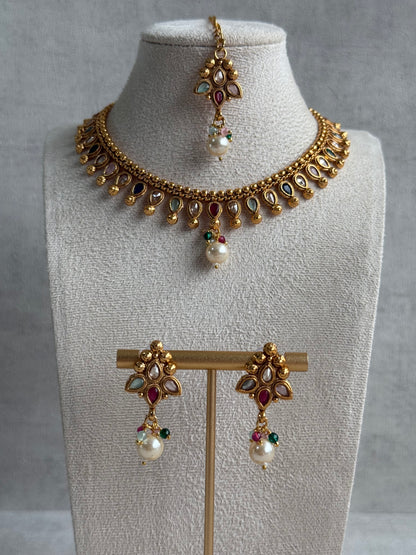 Ayura Designs Oorvi Set – Necklace, Earrings & Tikka with Mirror-Cut Multicolour Stones & Polished Gold Finish