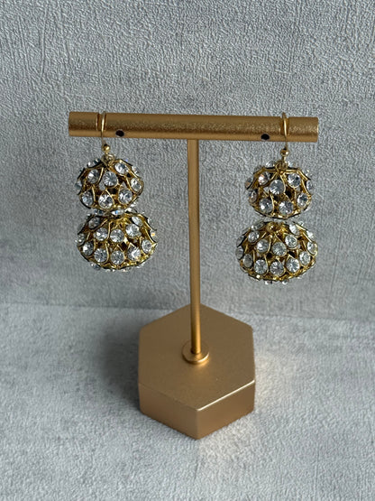 Ayura Designs Anisa Jhumkis – Double Dome Jhumkis with Mirror-Cut Stones & Antique Gold Finish