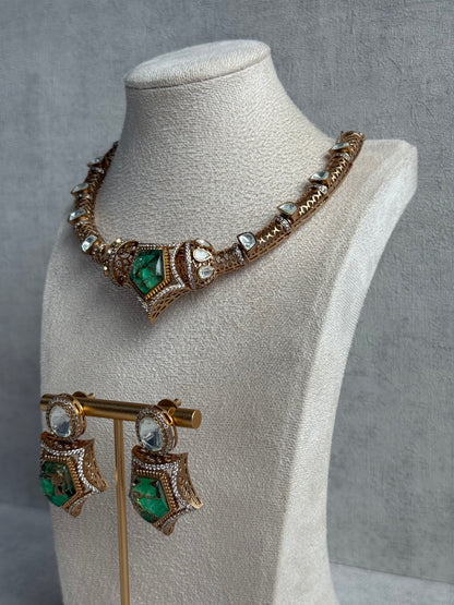 Ayura Designs Krupa Set – Necklace & Earrings with Green Stone featuring Natural Marbling, Mirror-Cut Kundan & Antique Gold Detailing