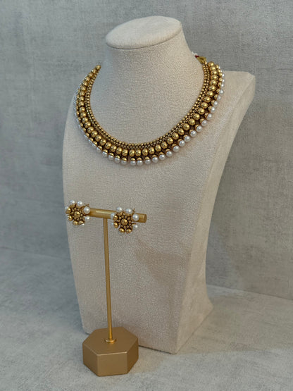 Ayura Designs Devyani Set with Stud Earrings – Antique Gold Layers with Pearl Edging