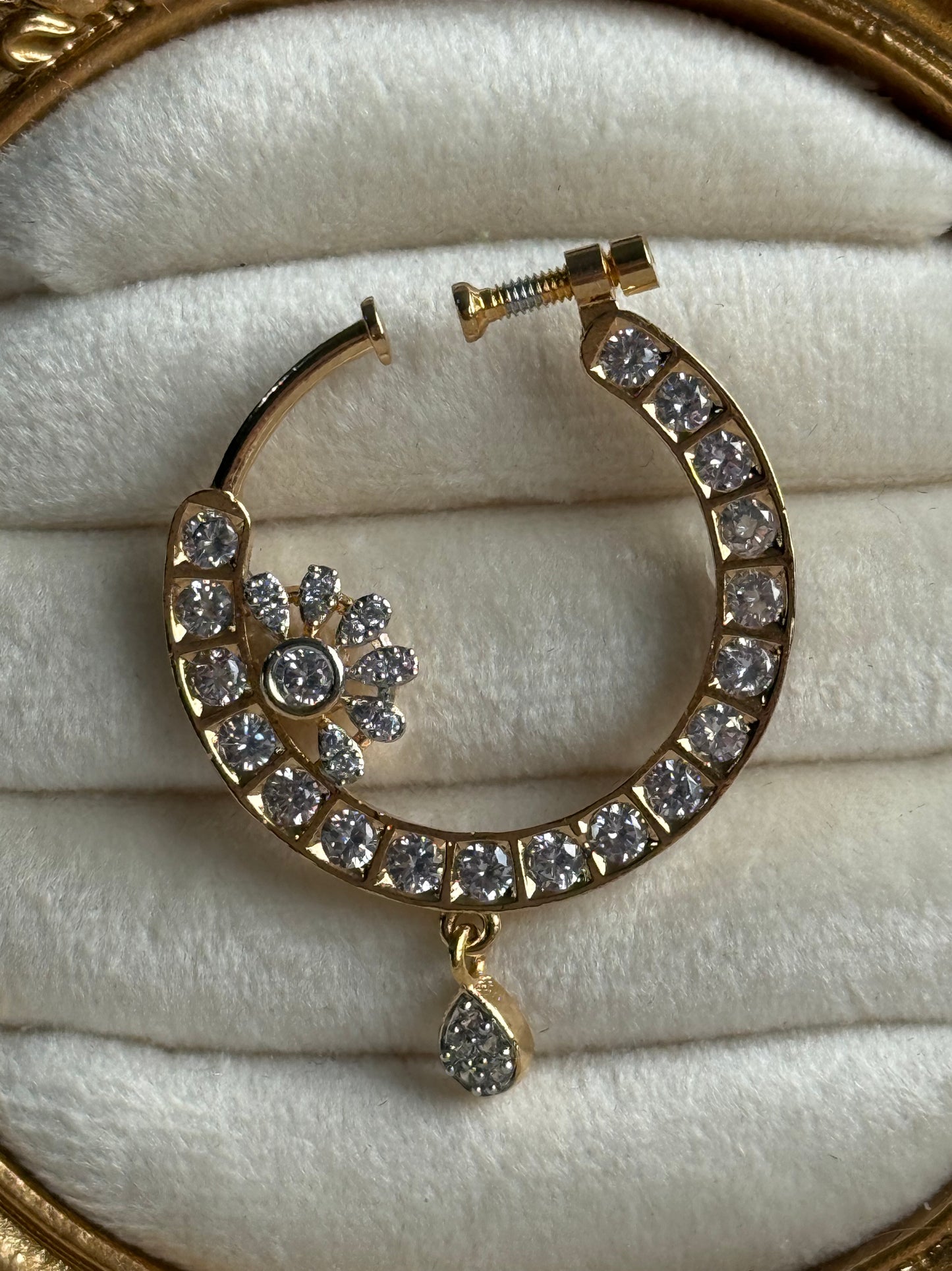 Ayura Designs Adaa Nose Ring – Crystal-Studded Adjustable Ring with Floral Accent