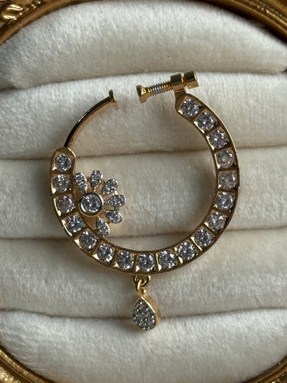 Ayura Designs Adaa Nose Ring – Crystal-Studded Adjustable Ring with Floral Accent