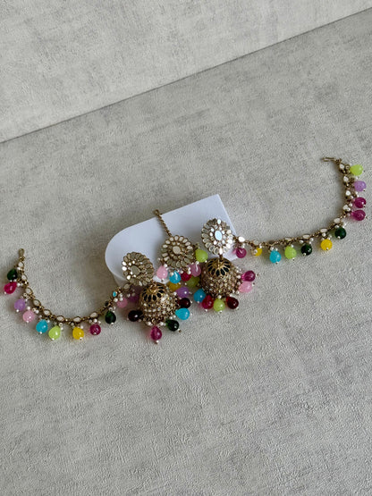Ayura Designs Fitoor Tikka Set – Mirror Work with Multicolour Beads, Pearl Detailing & Matching Sahare