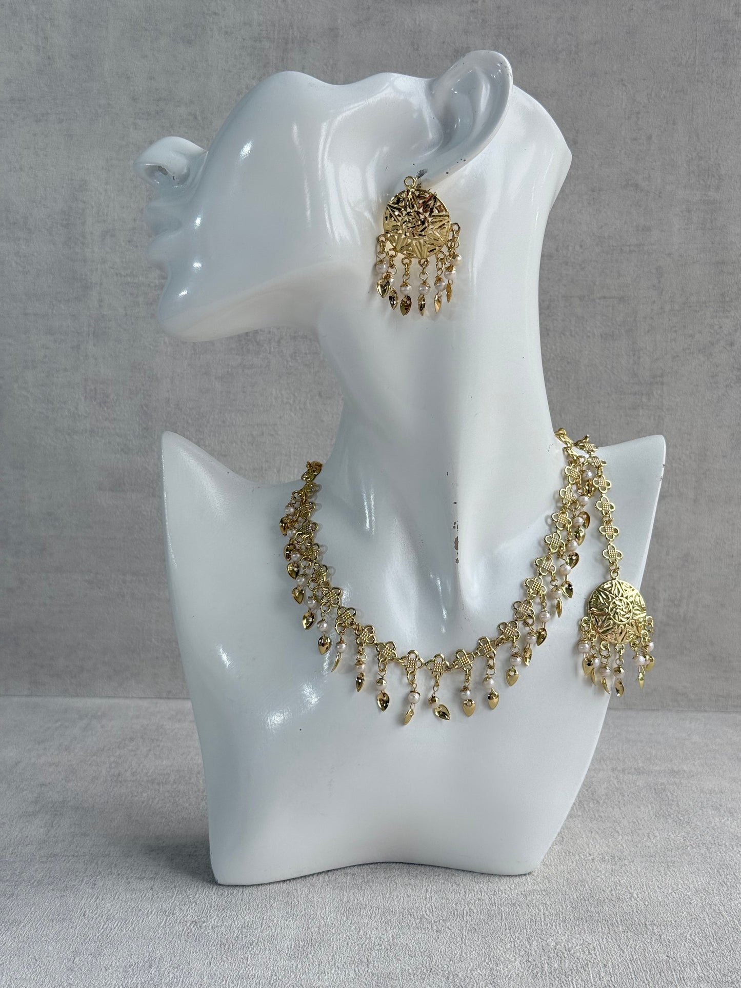 Ayura Designs Rupal Necklace Set with Earrings & Tikka – Gold Finish with Pearls & Pippal Patti Detailing