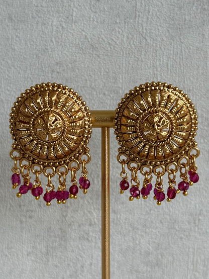 Ayura Designs Rania Choker Set with Studs – Antique Gold Floral Medallion Choker with Ruby Pink Bead Detailing