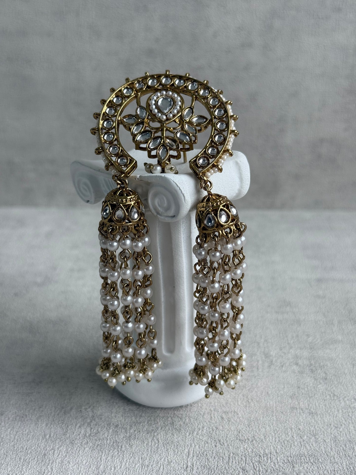 Ayura Designs Kamya Hair Brooch – Crescent Polki Design with Pearl Tassels & Antique Gold Finish