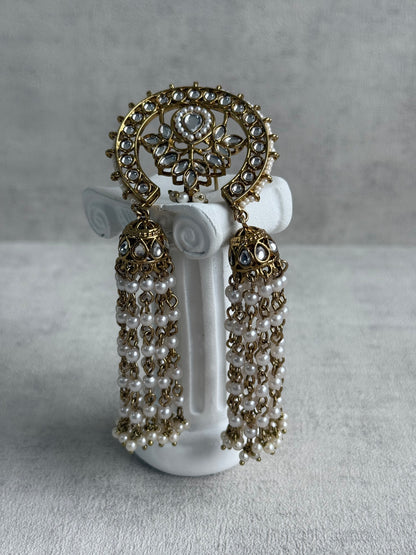 Ayura Designs Kamya Hair Brooch – Crescent Polki Design with Pearl Tassels & Antique Gold Finish